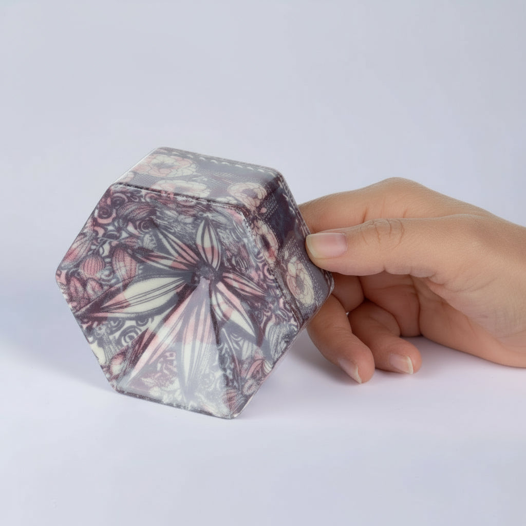 Hand holding a hexagonal, floral-patterned ceramic object  against a light gray background